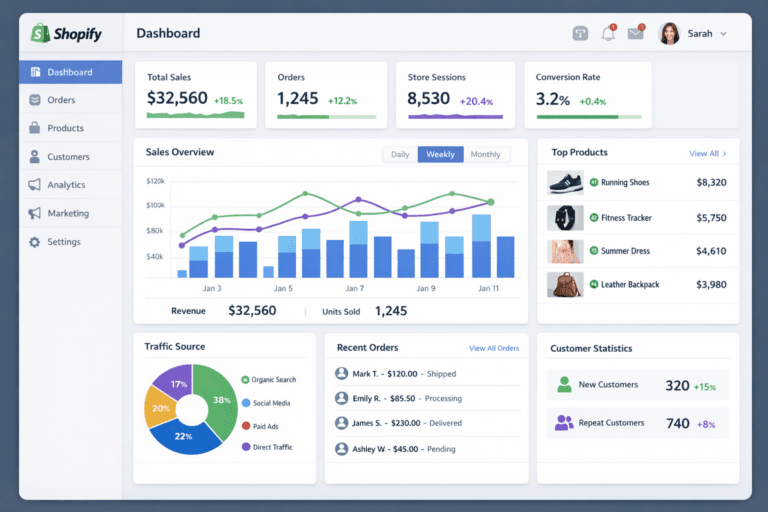Shopify ecommerce store expert dashboard analytics ui